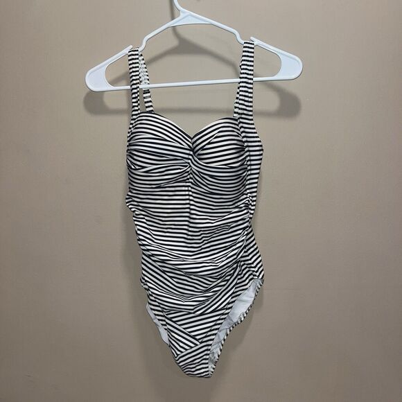 Bond-Eye Australia Women’s Gray Striped Ruched One Piece Swimsuit US 8 D/DD - Picture 1 of 10